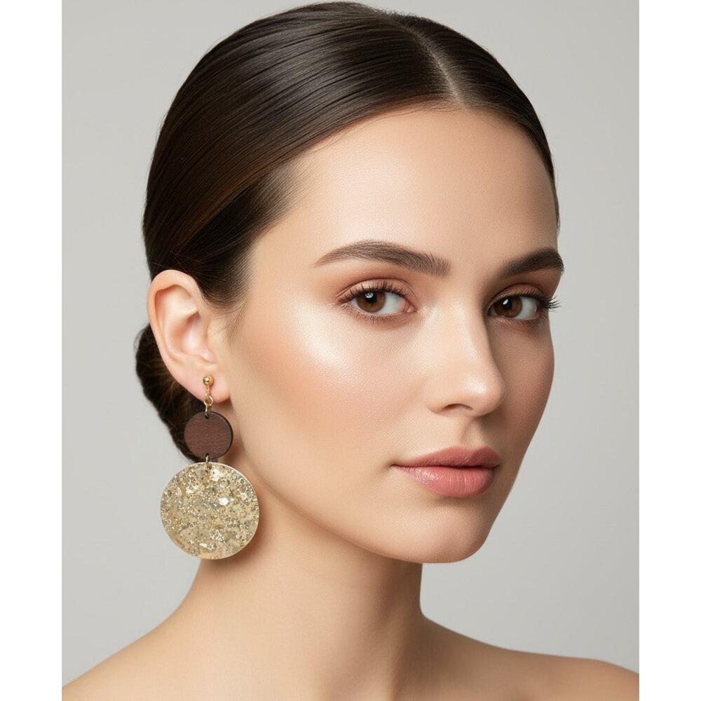 Clip on 3 1/4" Xlong hammered gold and brown wood dangle earrings